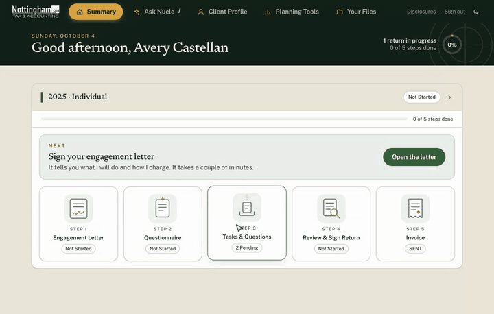 The portal summary page showing the five steps of a tax return