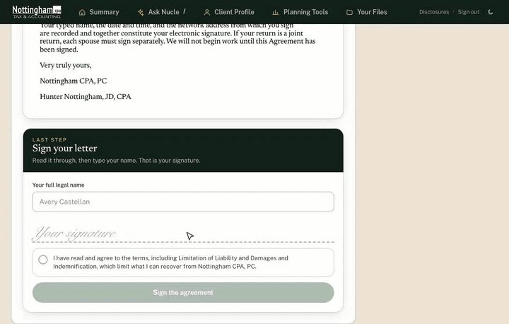 Signing the engagement letter in the portal